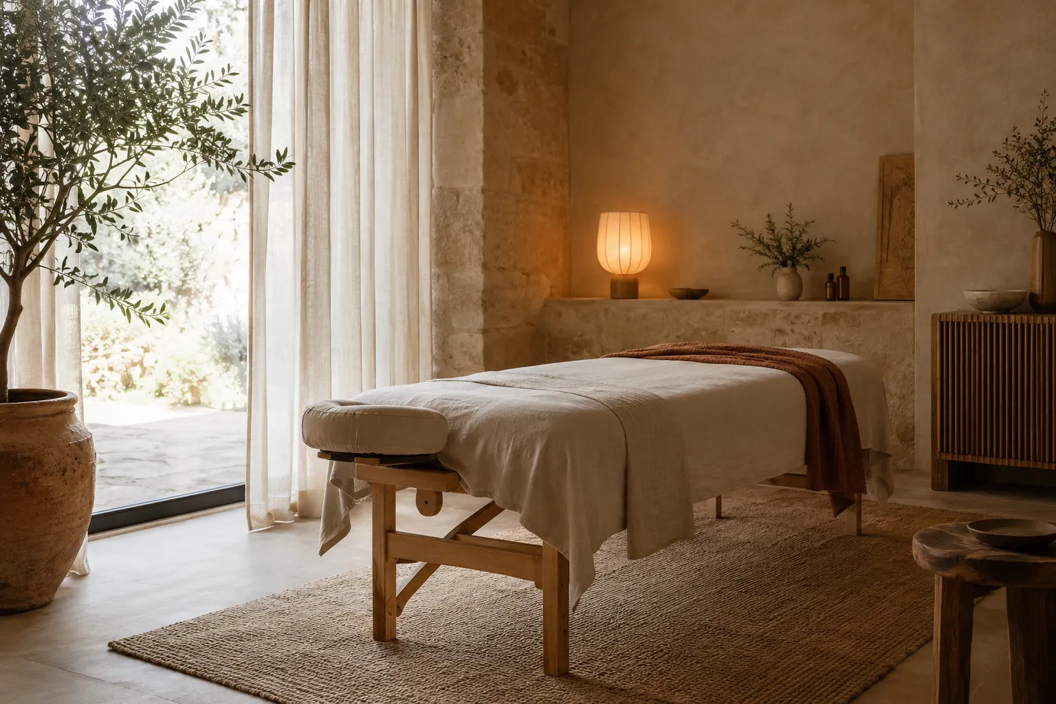 Remedial massage room with a linen-dressed table, a warm table lamp and garden light